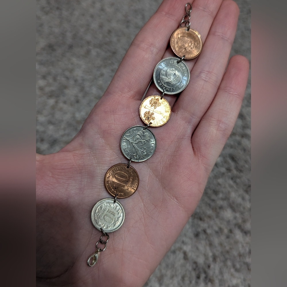Handmade World Coin Bronze And Silver Charm Bracelet